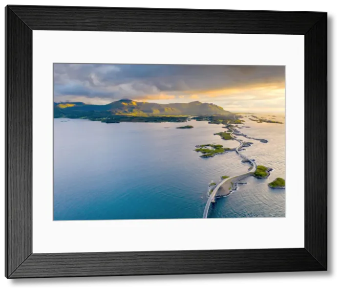 Framed Print : Sunset over the Atlantic Road connecting mainland and islands, aerial view