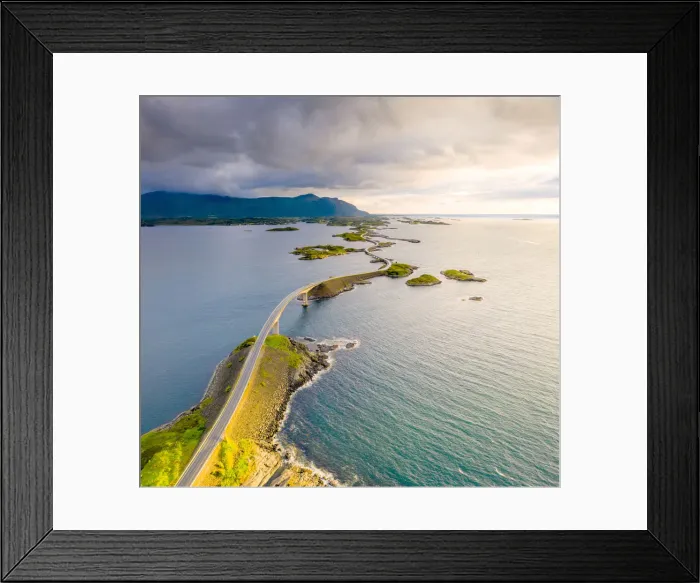 Framed Print : Sunset over Storseisundet Bridge view from above, Atlantic Road, More og Romsdal county Framed Print : Sunset over Storseisundet Bridge view from above, Atlantic Road, More og Romsdal county