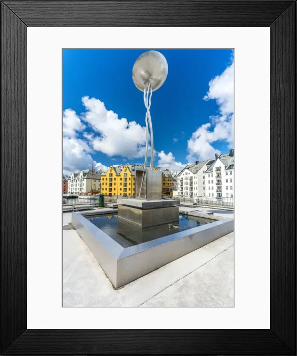 Framed Print : Contemporary art metal sculture and fountain in the city centre of Alesund Framed Print : Contemporary art metal sculture and fountain in the city centre of Alesund