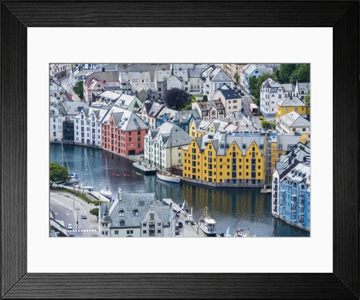 Framed Print : Elevated view of Art Nouveau buildings along Brosundet canal, Alesund Framed Print : Elevated view of Art Nouveau buildings along Brosundet canal, Alesund