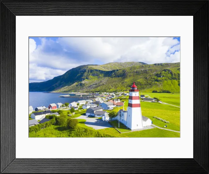 Framed Print : Aerial view of Alnes Lighthouse and village, Godoya Island, Alesund Framed Print : Aerial view of Alnes Lighthouse and village, Godoya Island, Alesund