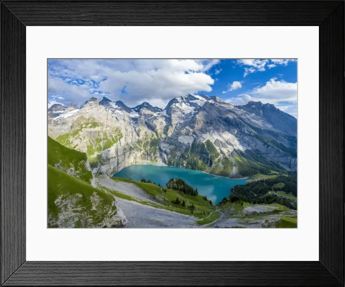 Framed Print : Aerial panoramic of Oeschinensee lake surrounded by woods in summer, Bernese Oberland Framed Print : Aerial panoramic of Oeschinensee lake surrounded by woods in summer, Bernese Oberland