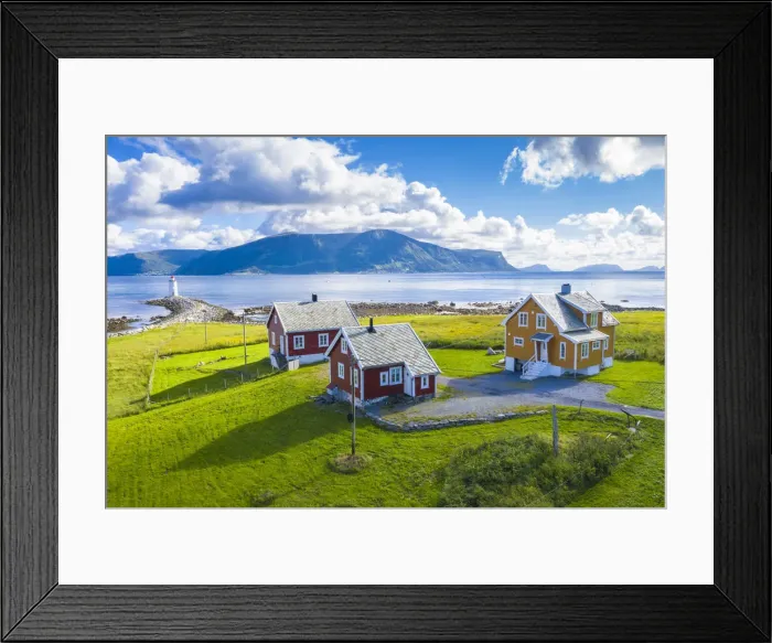 Framed Print : Aerial view of traditional houses and Hogsteinen Lighthouse, Godoya Island, Alesund Framed Print : Aerial view of traditional houses and Hogsteinen Lighthouse, Godoya Island, Alesund