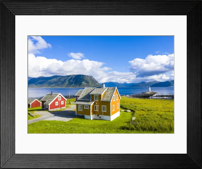 Framed Print : Traditional houses next to Hogsteinen Lighthouse by the sea, Godoya Island, Alesund Framed Print : Traditional houses next to Hogsteinen Lighthouse by the sea, Godoya Island, Alesund