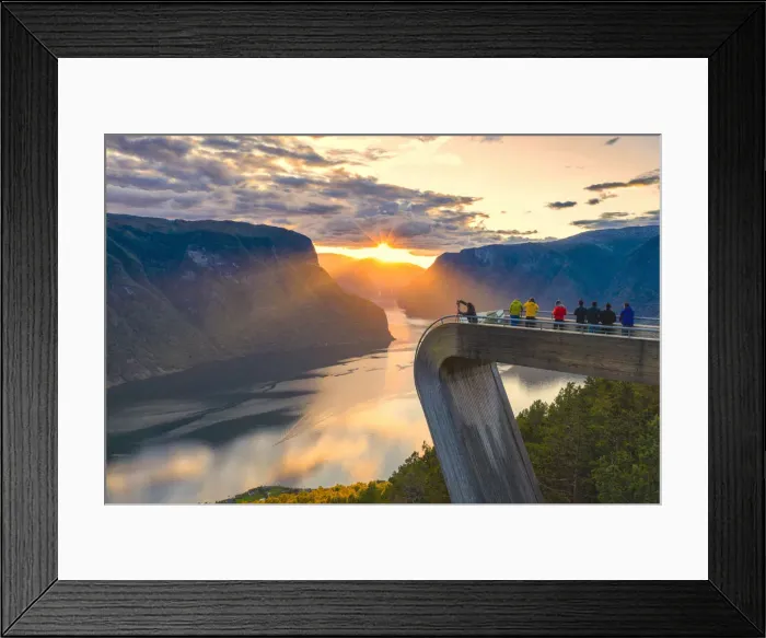 Framed Print : People photographing sunset on the fjord from Stegastein viewpoint, aerial view