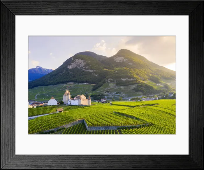 Framed Print : Sun rays over Aigle Castle in between green hills and mountains, aerial view Framed Print : Sun rays over Aigle Castle in between green hills and mountains, aerial view