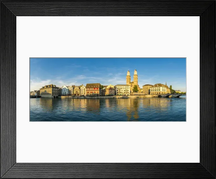 Framed Print : Panoramic of Limmatquai and Grossmunster Cathedral along Limmat River at sunset, Zurich Framed Print : Panoramic of Limmatquai and Grossmunster Cathedral along Limmat River at sunset, Zurich