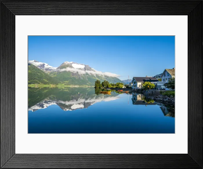 Framed Print : Village of Hjelle and mountains mirrored in Oppstrynsvatn lake, Oppstryn Framed Print : Village of Hjelle and mountains mirrored in Oppstrynsvatn lake, Oppstryn