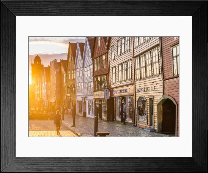Framed Print : Traditional timber buildings lit by sunset, Bryggen, Bergen, Hordaland County, Norway Framed Print : Traditional timber buildings lit by sunset, Bryggen, Bergen, Hordaland County, Norway