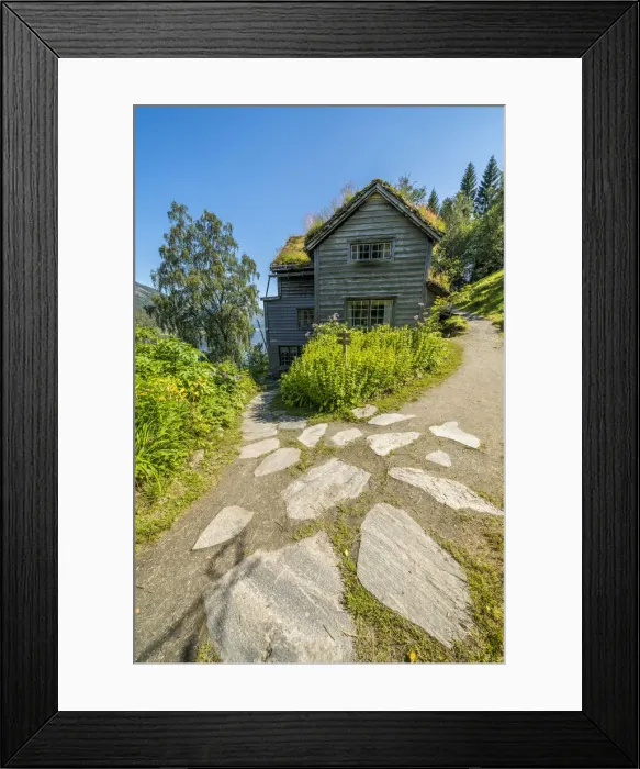 Framed Print : Facade of wood house with grass roof in in the old Astruptunet farms complex, Jolster Framed Print : Facade of wood house with grass roof in in the old Astruptunet farms complex, Jolster