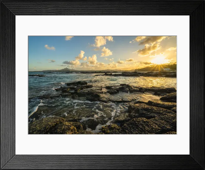 Framed Print : Rocks washed by the Indian Ocean lit by sunset, Trou d Eau Douce, Flacq district Framed Print : Rocks washed by the Indian Ocean lit by sunset, Trou d Eau Douce, Flacq district