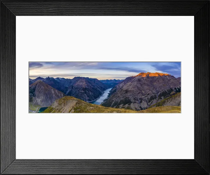 Framed Print : Autumnal sunset over Pizzo del Ferro peak and lake of Livigno, aerial view Framed Print : Autumnal sunset over Pizzo del Ferro peak and lake of Livigno, aerial view