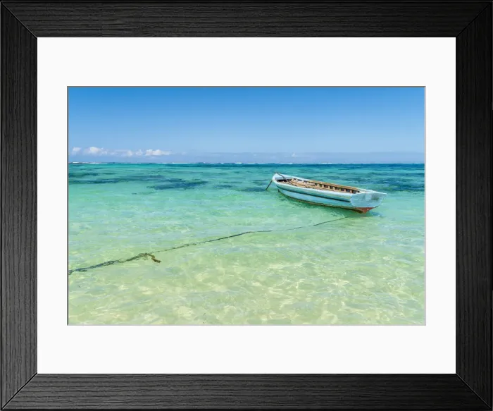 Framed Print : Empty boat moored in the turquoise sea, Poste Lafayette, Indian Ocean, East coast Framed Print : Empty boat moored in the turquoise sea, Poste Lafayette, Indian Ocean, East coast