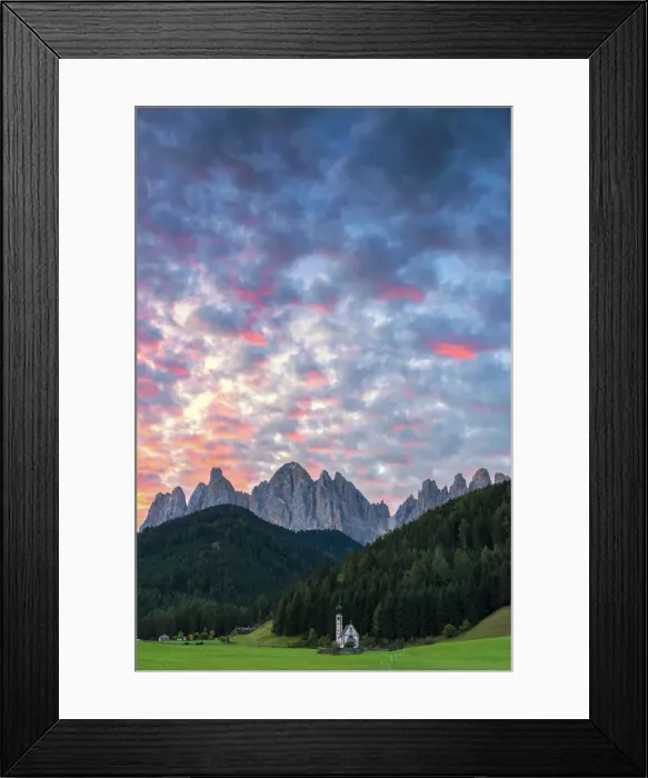 Framed Print : Sunrise in San Giovanni in Ranui in Funes valley. Europe, Italy, Bolzano province