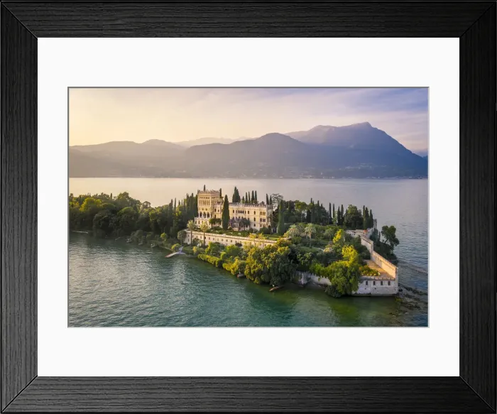 Framed Print : Aerial view of Isola del Garda with Villa Borghese, on the west side of Garda Lake Framed Print : Aerial view of Isola del Garda with Villa Borghese, on the west side of Garda Lake
