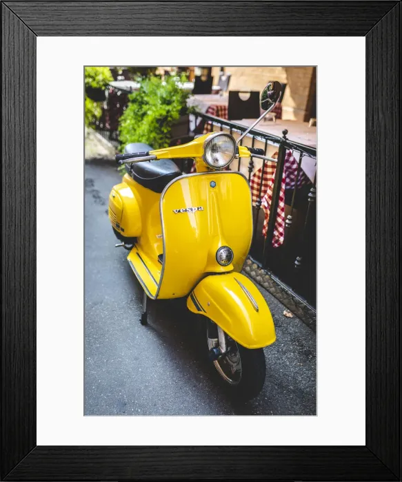 Framed Print : Yellow Vespa in Modena historic city. Modena old town, Emilia Romagna, Italy Framed Print : Yellow Vespa in Modena historic city. Modena old town, Emilia Romagna, Italy