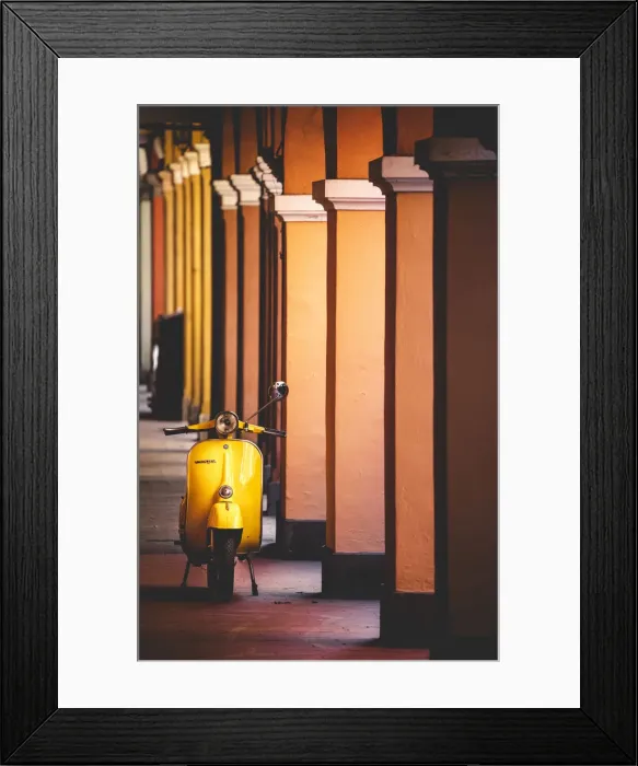Framed Print : Yellow Vespa in Modena historic city. Modena old town, Emilia Romagna, Italy Framed Print : Yellow Vespa in Modena historic city. Modena old town, Emilia Romagna, Italy