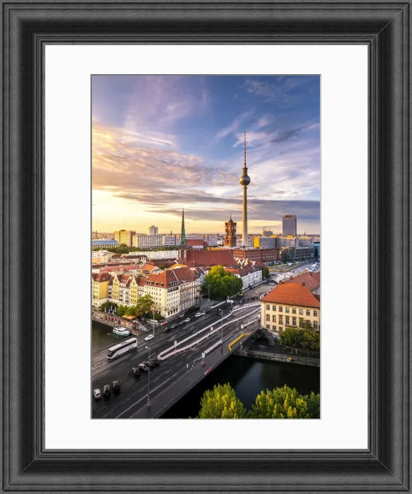 Antique Framed Print : High view of Berlin Mitte district during sunset, with Fernsehturm tower Antique Framed Print : High view of Berlin Mitte district during sunset, with Fernsehturm tower
