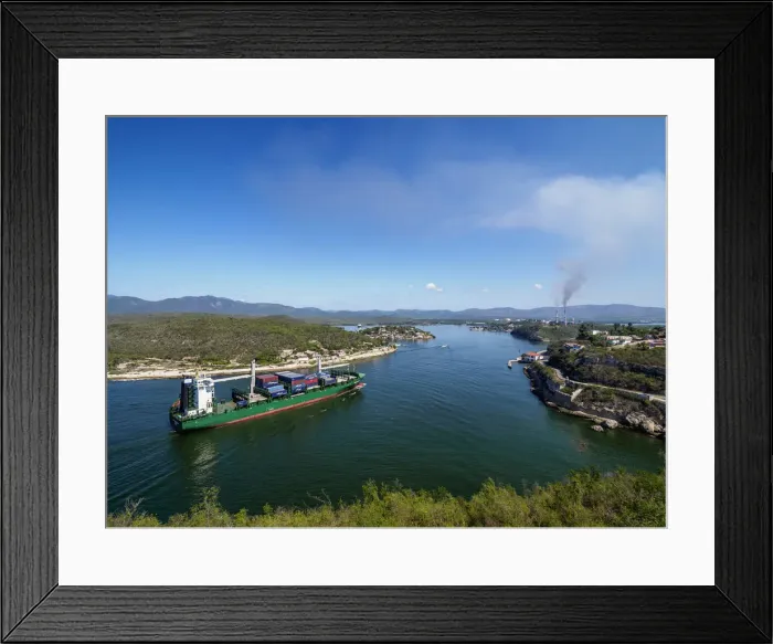 Framed Print : Cargo Ship entering Santiago de Cuba Bay, elevated view, Santiago de Cuba Province, Cuba Framed Print : Cargo Ship entering Santiago de Cuba Bay, elevated view, Santiago de Cuba Province, Cuba