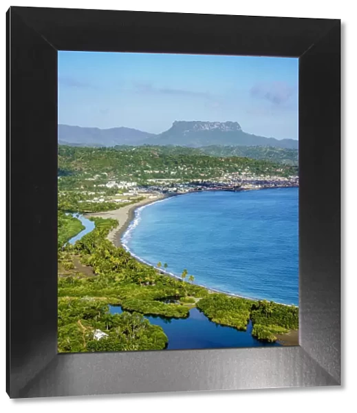 View over Bahia de Miel towards city and El Yunque Mountain, Baracoa, Guantanamo Province