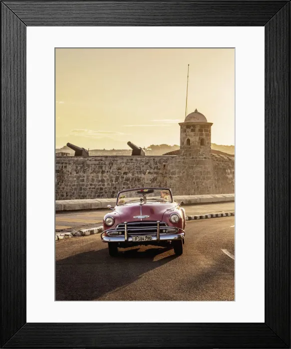 Framed Print : Vintage Car at El Malecon with San Salvador de la Punta Castle in the background, sunrise