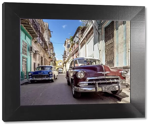 Vintage cars at the street of La Habana Vieja, Havana, La Habana Province, Cuba