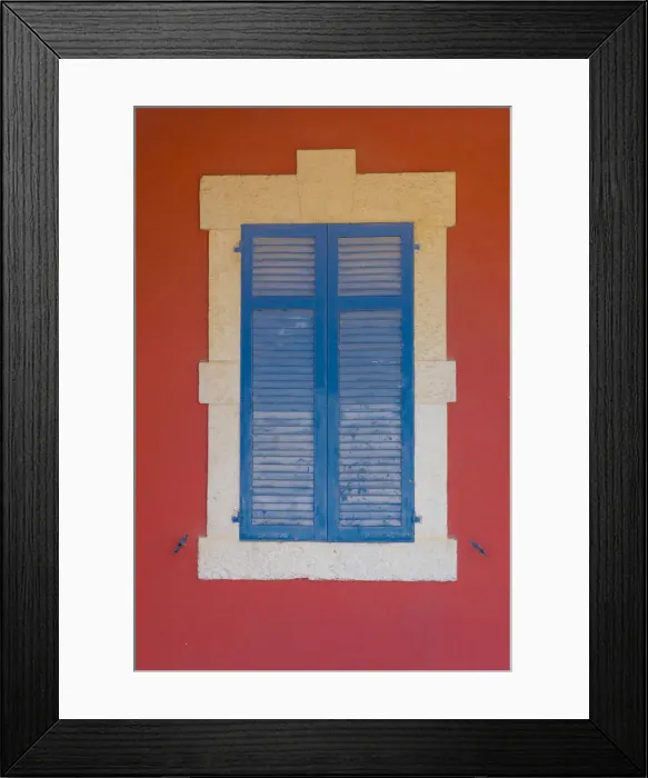 Framed Print : Blue wooden shutters and red wall in Larnaca, Cyprus Framed Print : Blue wooden shutters and red wall in Larnaca, Cyprus