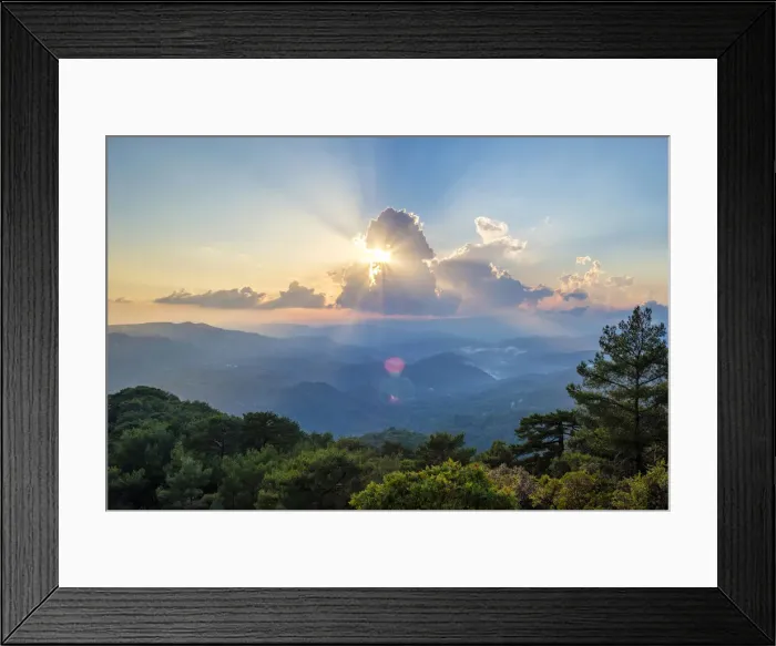 Framed Print : Dramatic sunset over the Troodos mountain range, Pano Platres, Limassol District, Cyprus Framed Print : Dramatic sunset over the Troodos mountain range, Pano Platres, Limassol District, Cyprus