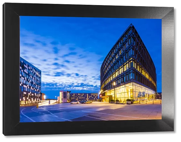 Aller Media building in Copenhagen by night, Denmark