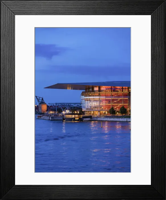 Framed Print : Copenhagen Opera House reflecting in the canal by night, Denmark Framed Print : Copenhagen Opera House reflecting in the canal by night, Denmark