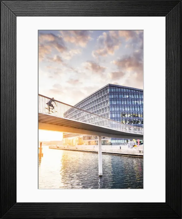 Framed Print : A woman riding a bike on the bike bridge over the water canal Framed Print : A woman riding a bike on the bike bridge over the water canal