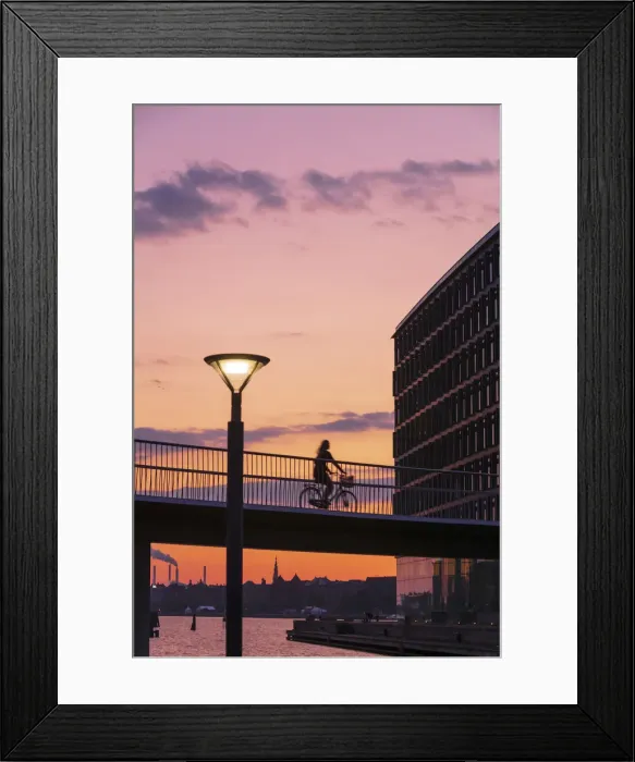 Framed Print : A woman riding a bike on a suspended bridge in Copenhagen at sunset, Denmark Framed Print : A woman riding a bike on a suspended bridge in Copenhagen at sunset, Denmark
