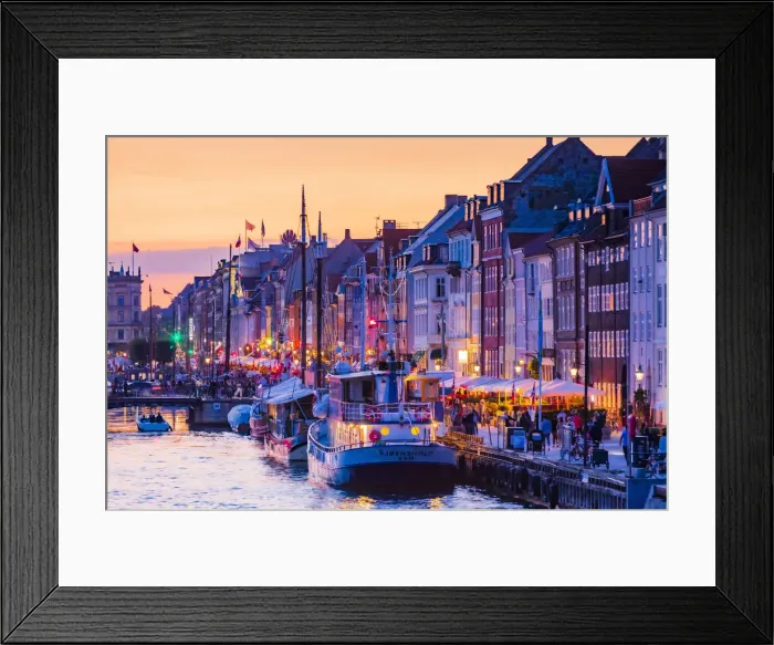 Framed Print : Typical buildings along Nyhavn water canal in Copenhagen at sunset, Denmark
