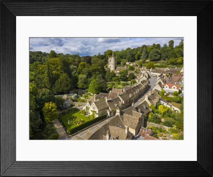 Framed Print : Aerial view of Castle Combe, Cotswolds, Gloucestershire, England, UK Framed Print : Aerial view of Castle Combe, Cotswolds, Gloucestershire, England, UK