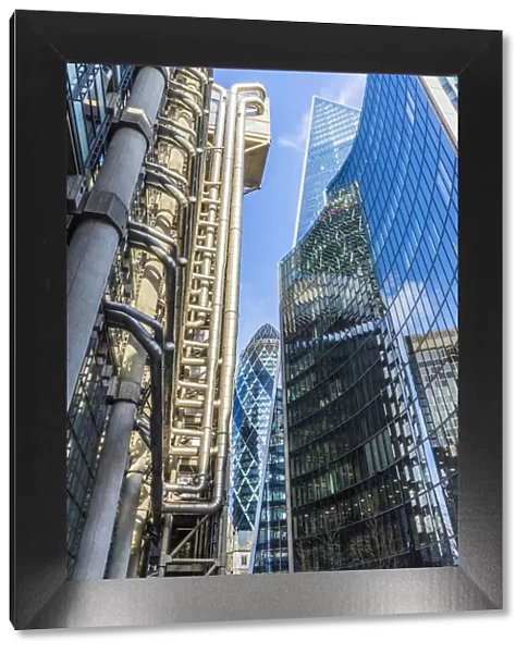 The Gherkin, Scapel building, Lloyds building and Willis building, London, England