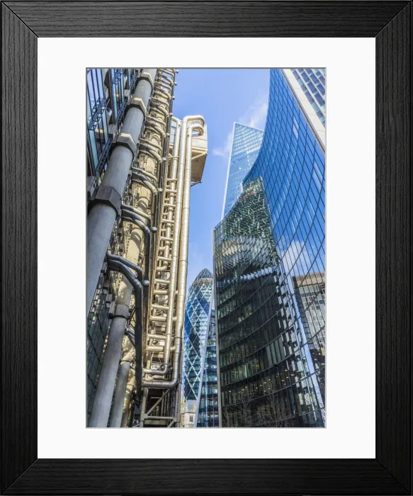 Framed Print : The Gherkin, Scapel building, Lloyds building and Willis building, London, England Framed Print : The Gherkin, Scapel building, Lloyds building and Willis building, London, England