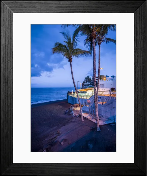Framed Print : Spain, Canary Islands, La Palma Island, Puerto Naos, beach cafe, dawn