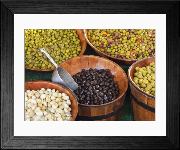 Framed Print : France, Provence, Alpes Cote d Azur, Castellane, olives in drums at market stall Framed Print : France, Provence, Alpes Cote d Azur, Castellane, olives in drums at market stall