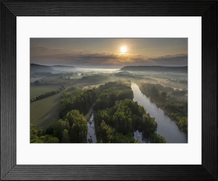 Framed Print : Aerial view of the Dordogne Valley & Dordogne river at sunsrise, Lot, Midi-Pyrenees