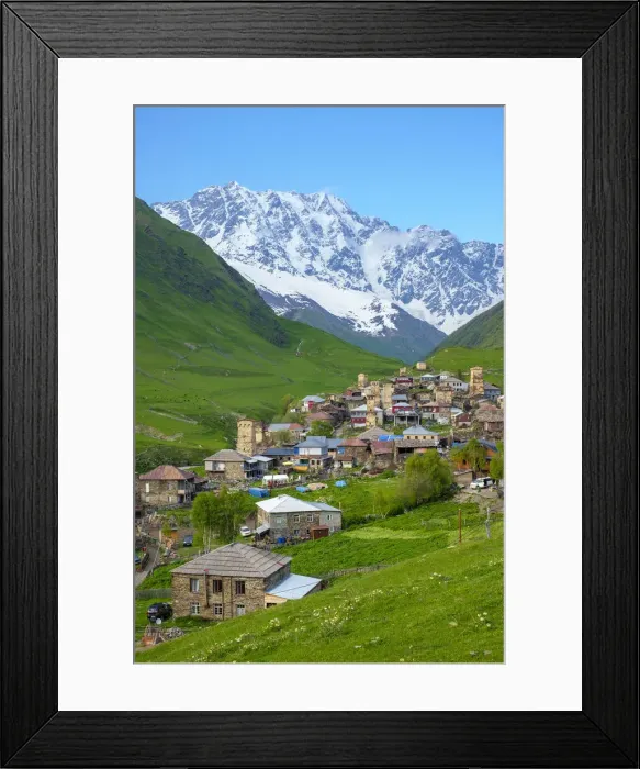 Framed Print : Chvibiani and Zhibiani with snow-covered Shkhara peak in background, Ushguli Framed Print : Chvibiani and Zhibiani with snow-covered Shkhara peak in background, Ushguli