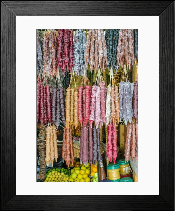 Framed Print : Churchkhela, a traditional Georgian sweet candy made from grape must, nuts and flour Framed Print : Churchkhela, a traditional Georgian sweet candy made from grape must, nuts and flour
