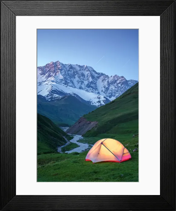 Framed Print : Camping at the head of Enguri gorge in front of Shkhara peak Framed Print : Camping at the head of Enguri gorge in front of Shkhara peak