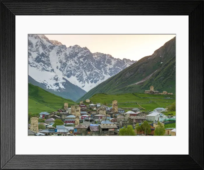 Framed Print : Chvibiani and Zhibiani with snow-covered Shkhara peak at sunrise Framed Print : Chvibiani and Zhibiani with snow-covered Shkhara peak at sunrise
