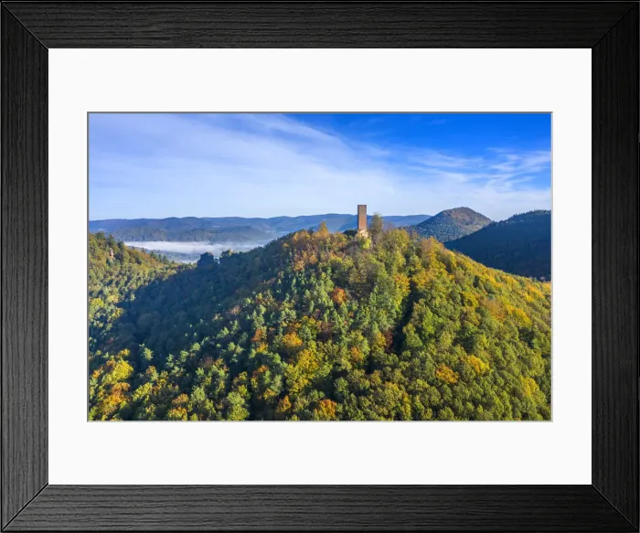 Framed Print : Aeriel view at Scharfenberg castle, Annweiler, Palatinate forest, Wasgau Framed Print : Aeriel view at Scharfenberg castle, Annweiler, Palatinate forest, Wasgau
