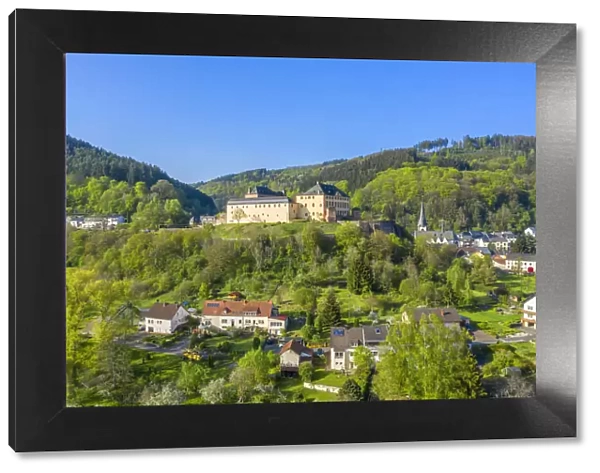 Aerial view at Malberg with castle, Kyll valley, Eifel, Rhineland-Palatinate, Germany