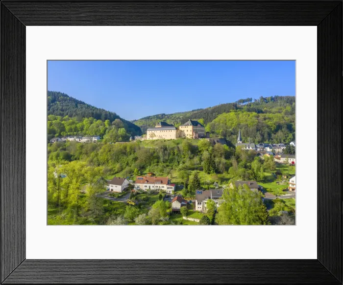 Framed Print : Aerial view at Malberg with castle, Kyll valley, Eifel, Rhineland-Palatinate, Germany Framed Print : Aerial view at Malberg with castle, Kyll valley, Eifel, Rhineland-Palatinate, Germany
