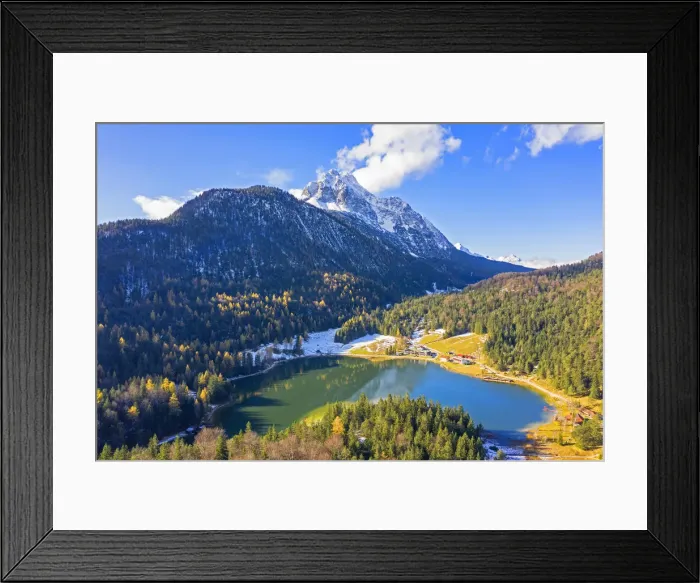 Framed Print : Aerial view on Lautersee and Wettersteinspitze, Mittenwald, Bavaria, Germany Framed Print : Aerial view on Lautersee and Wettersteinspitze, Mittenwald, Bavaria, Germany