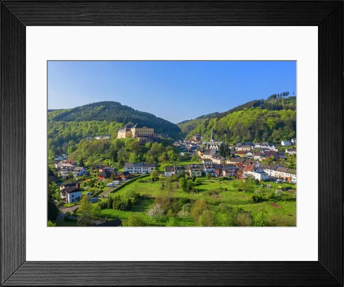 Framed Print : Aerial view at Malberg with castle, Kyll valley, Eifel, Rhineland-Palatinate, Germany Framed Print : Aerial view at Malberg with castle, Kyll valley, Eifel, Rhineland-Palatinate, Germany