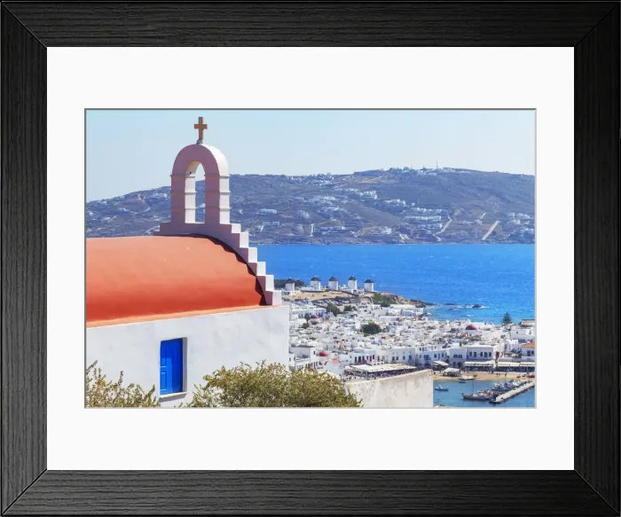 Framed Print : Greek orthodox chapel overlooking Mykonos Town, Mykonos, Cyclades Islands, Greece