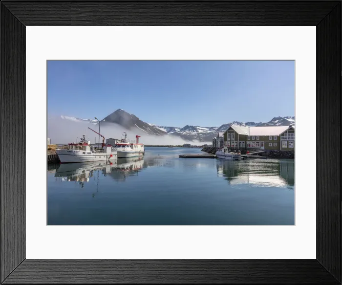 Framed Print : Iceland, Siglufjorður, Siglofjord, Siglo hotel and fishing boats in morning mist
